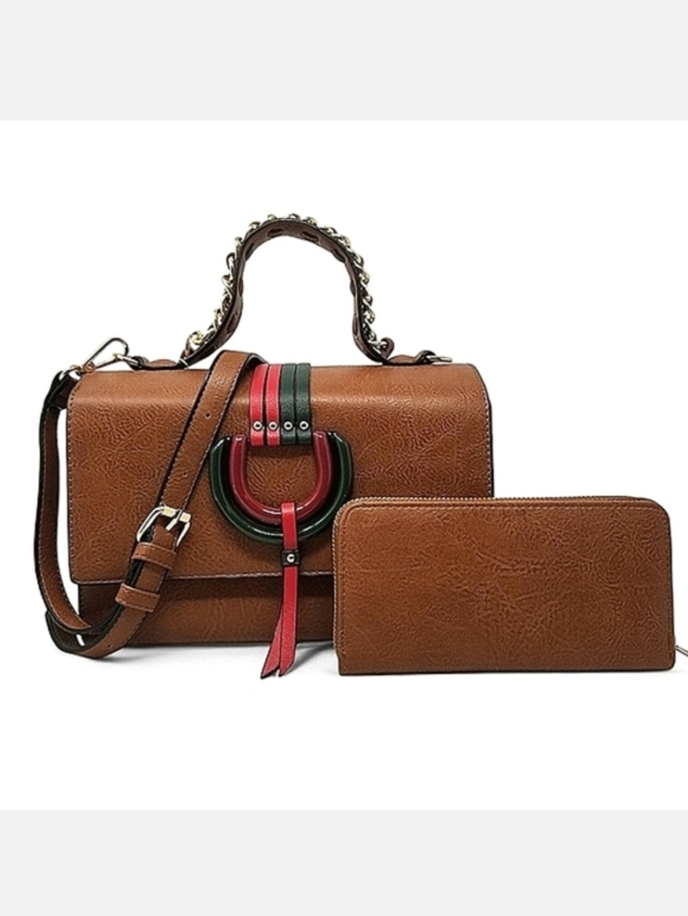 Brown Multi Striped D Ring Satchel and Wallet Set